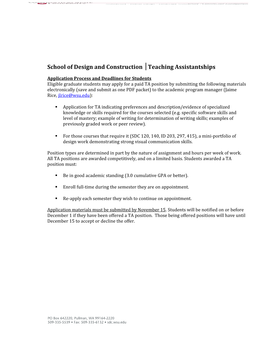 School of Design and Construction Teaching Assistantships