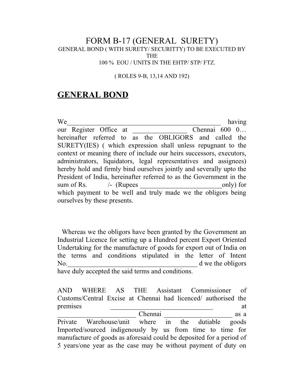 Form B-17 (General Surety)