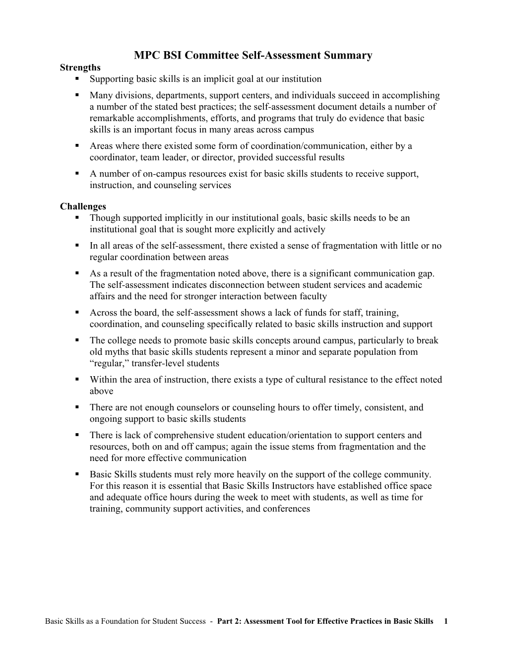 MPC BSI Committee Self-Assessment Summary