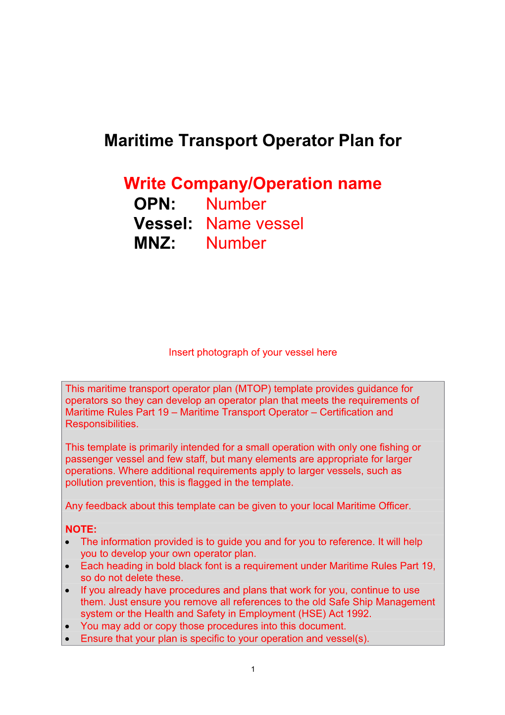 Maritime Transport Operator Plan For