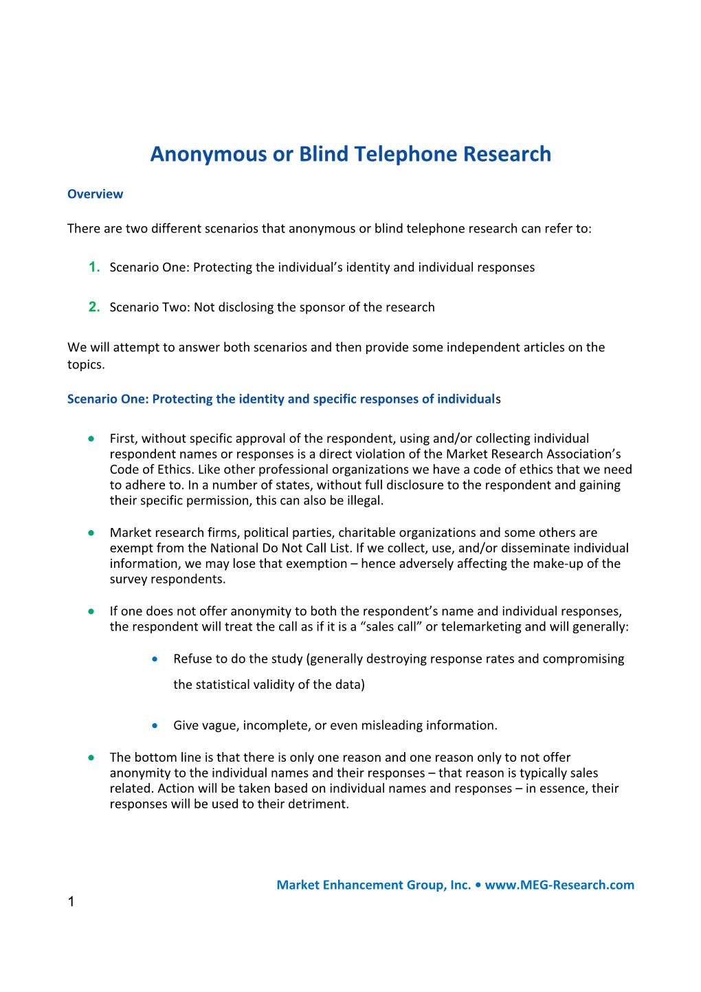 Anonymous Or Blind Telephone Research