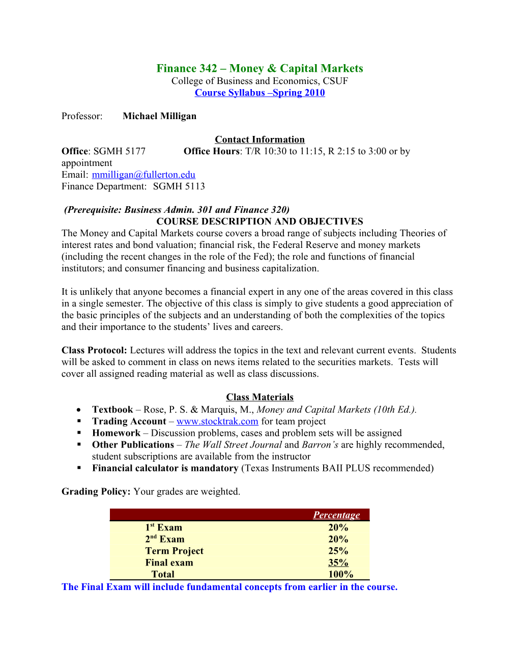 Finance 340 Introduction to Investments