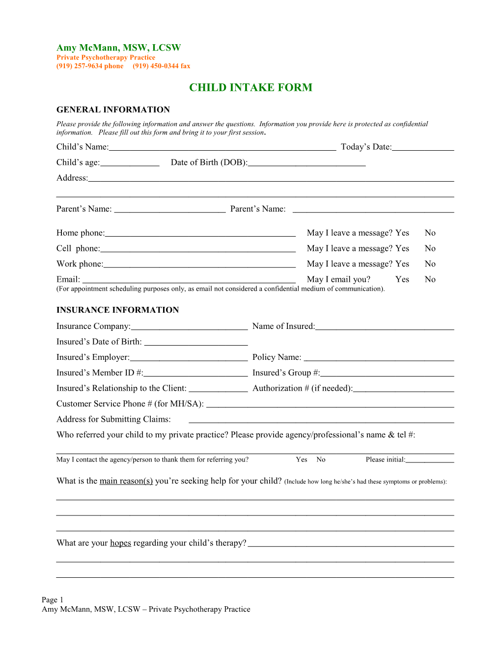 Child Intake Form