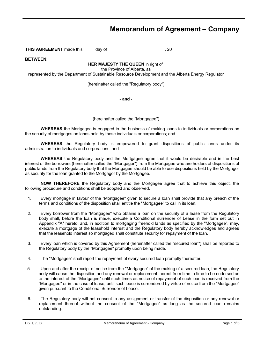 Memorandum of Agreement Company Form