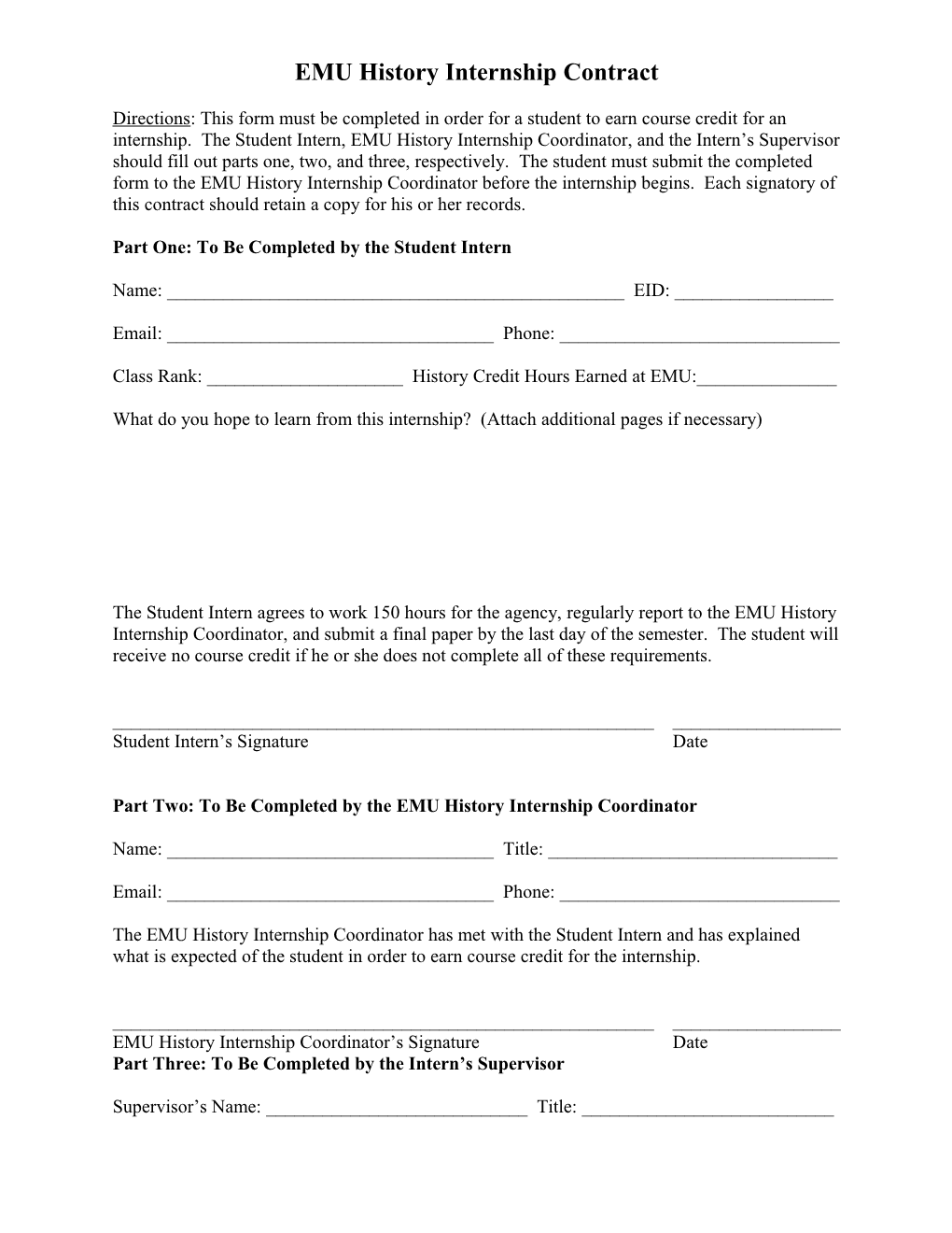 EMU History Internship Contract