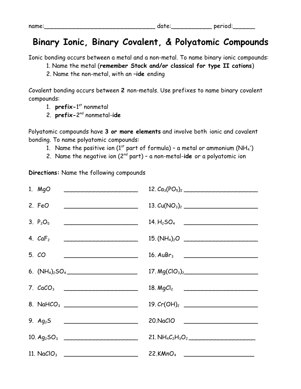 Binary Ionic, Binary Covalent, & Polyatomic Compounds