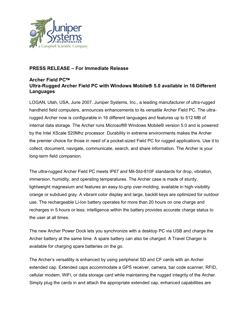 Archer Field PC Press Release