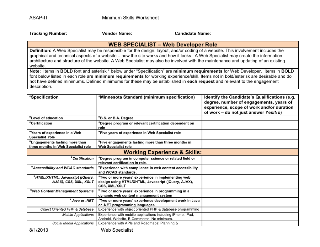 ASAP-IT Minimum Skills Worksheet for WEB SPECIALIST Web Developer Role