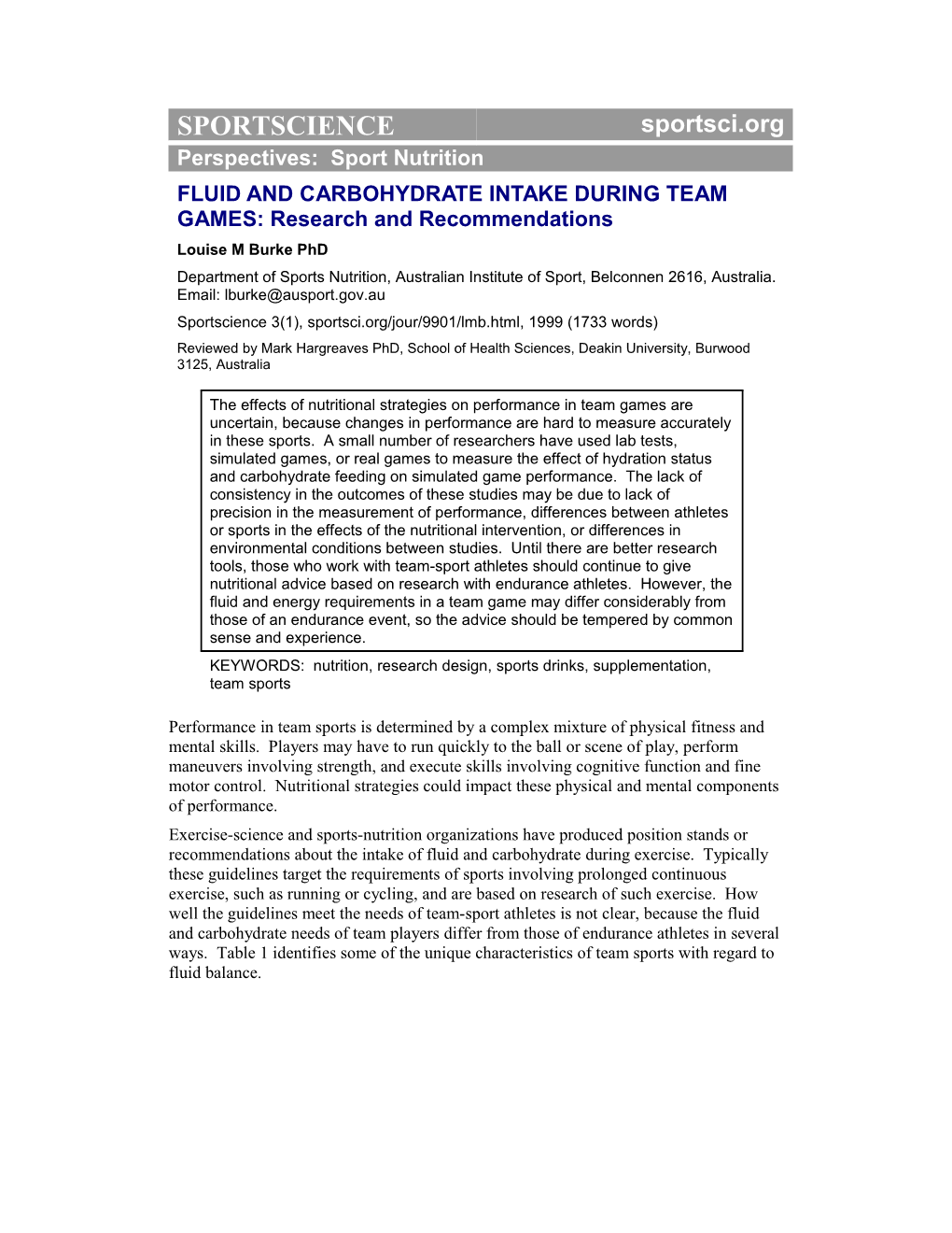 FLUID and CARBOHYDRATE INTAKE DURING TEAM GAMES: Research and Recommendations