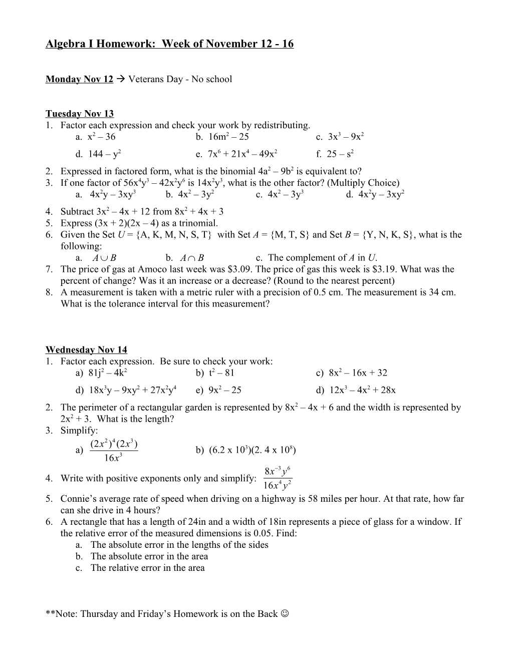 Math a Homework: Week of October 3-6