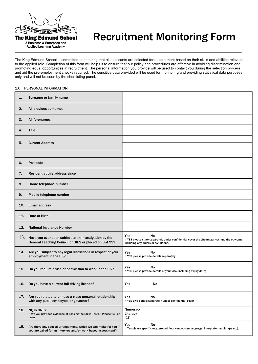 Recruitment Monitoring Form