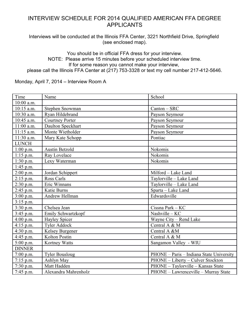 Interview Schedule for 2014 Qualified American Ffa Degree Applicants