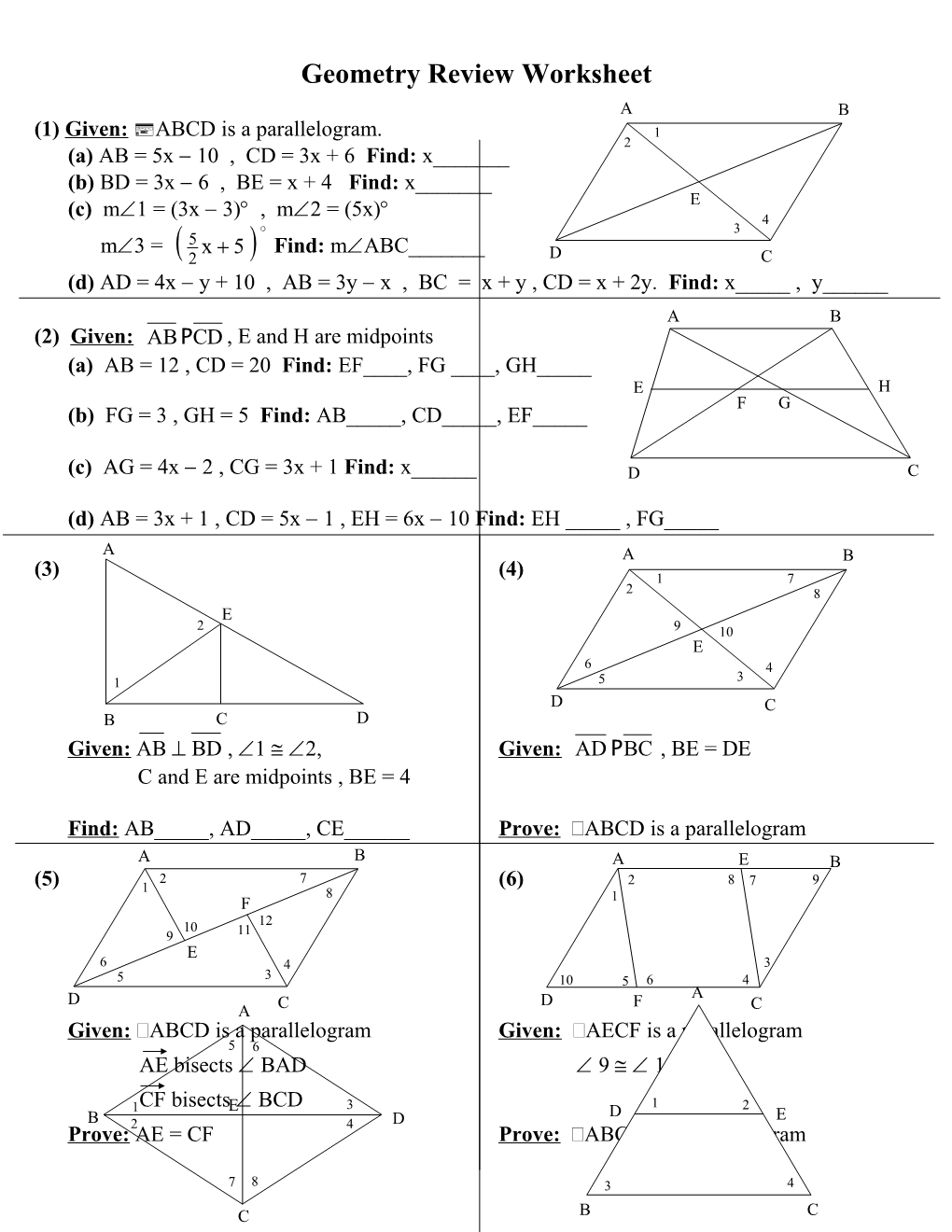 Geometry Review Worksheet