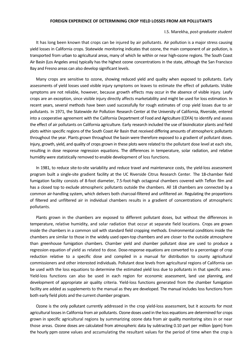 Foreign Experience of Determining Crop Yield Losses from Air Pollutants