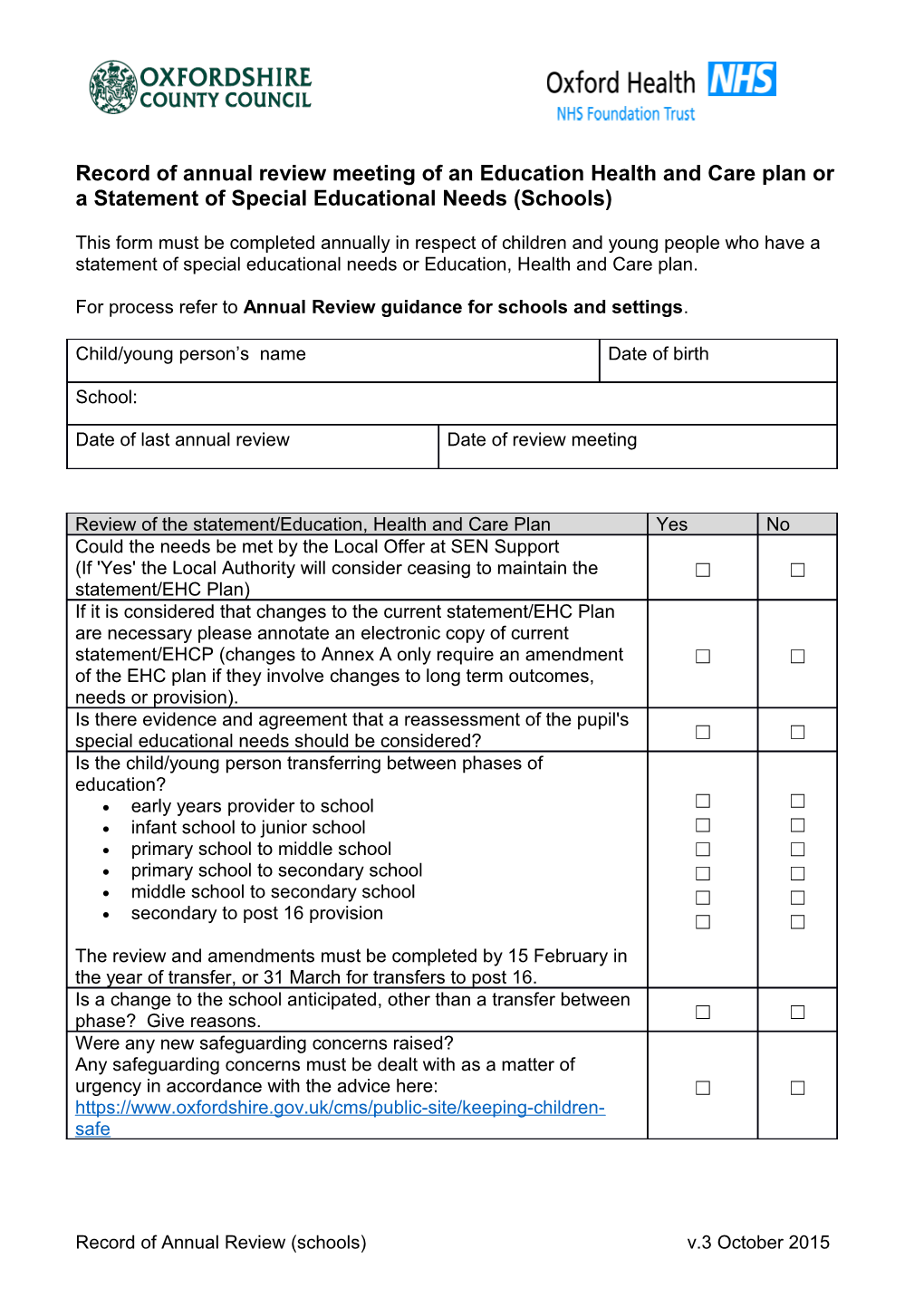 Record of Annual Review Meeting of an Education Health and Care Plan Or a Statement Of