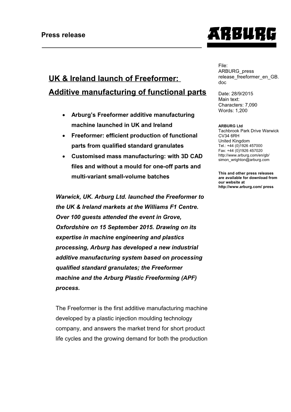 UK & Ireland Launch of Freeformer: Additive Manufacturing of Functional Parts