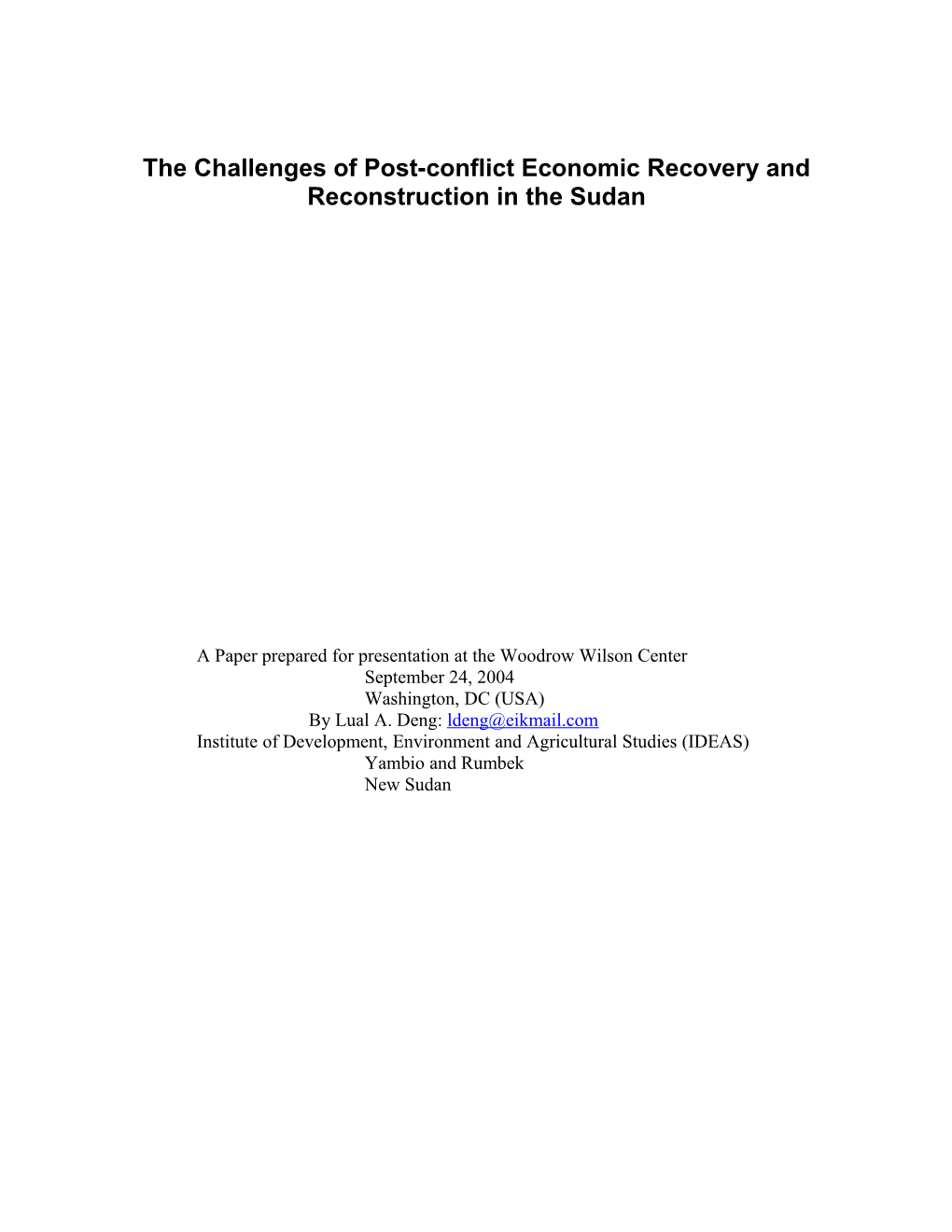 Pre-Conditions for Post-Conflict Economic Recovery and Reconstruction in the Sudan