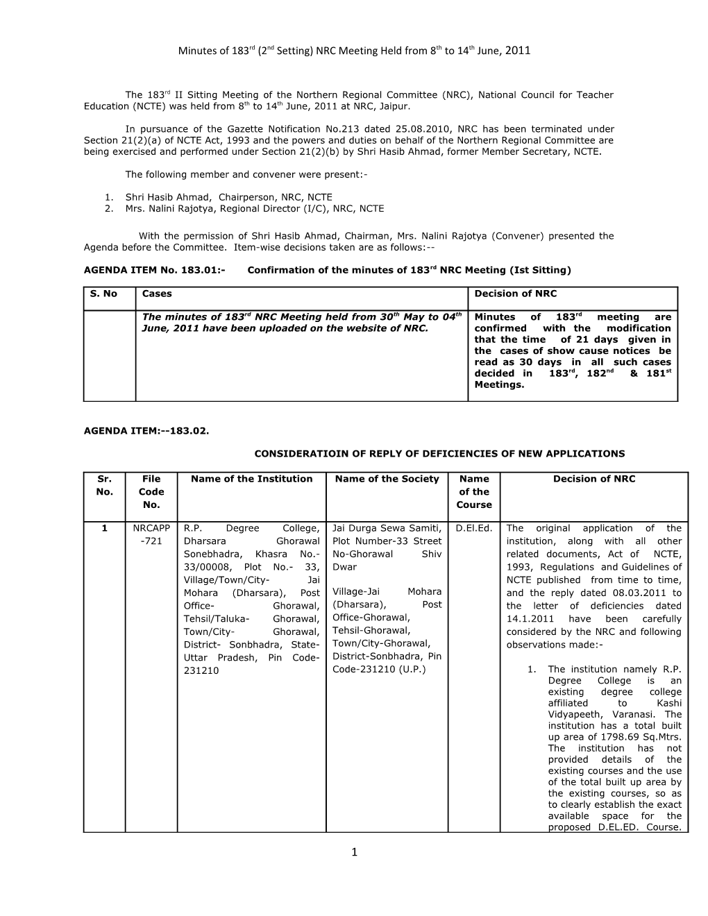 Minutes of 183Rd (2Nd Setting) NRC Meeting Held from 8Th to 14Th June, 2011