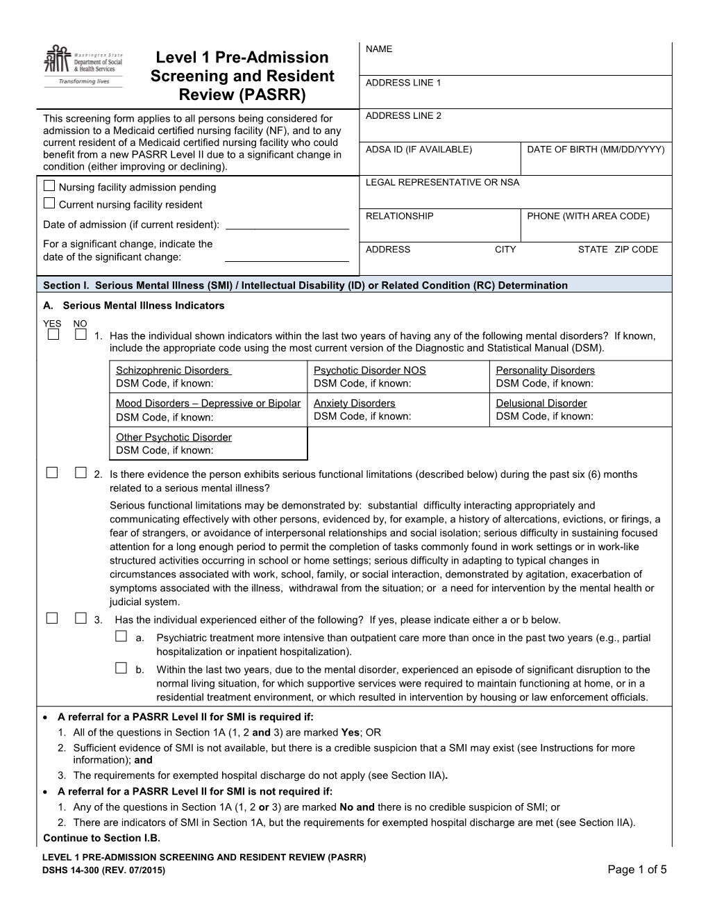 Level One Pre-Admission Screening and Resident Review (PASRR) s1