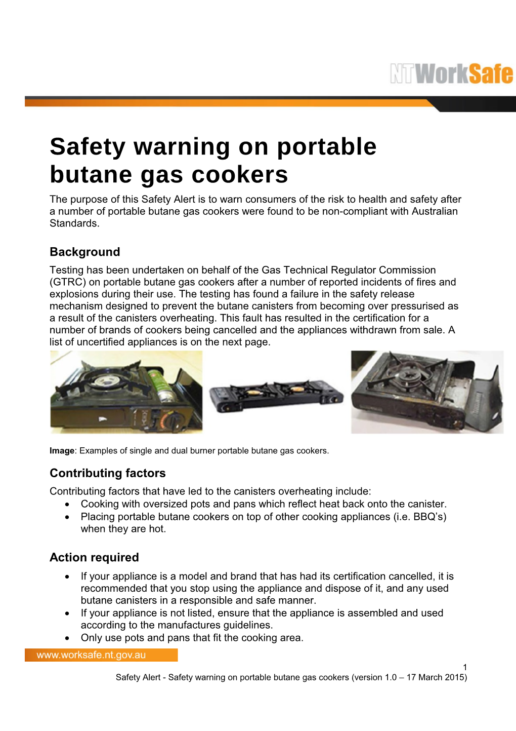 Safety Alert - Safety Warning on Portable Butane Gas Cookers