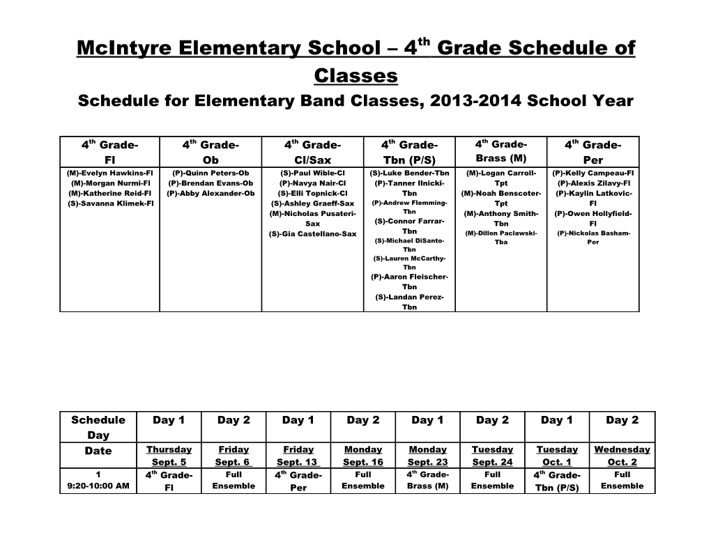 Mcintyre Elementary School 4Th Grade Schedule of Classes