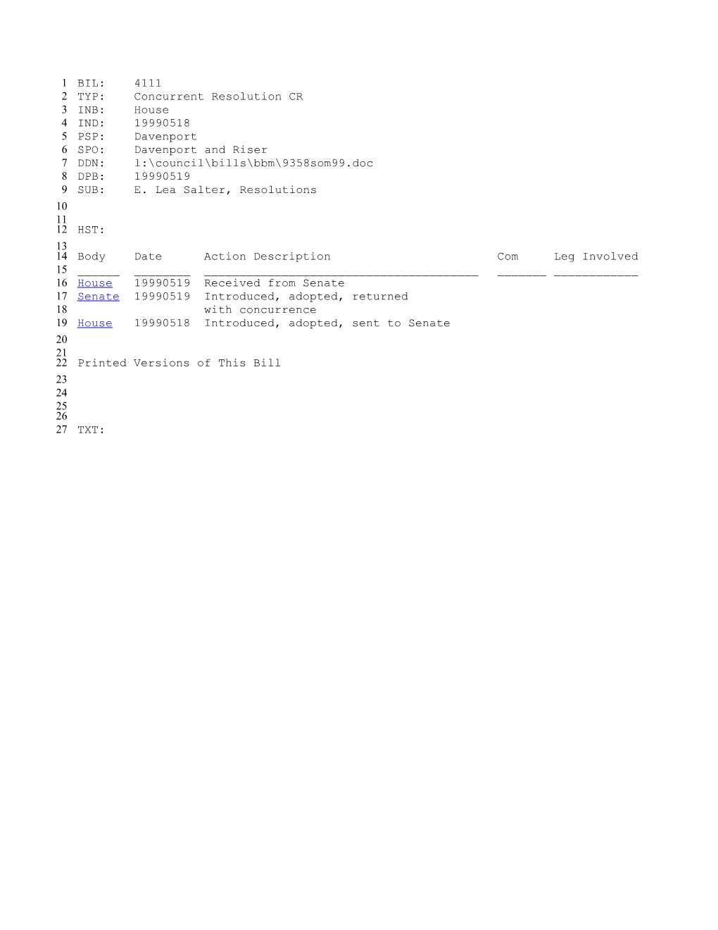 1999-2000 Bill 4111: E. Lea Salter, Resolutions - South Carolina Legislature Online