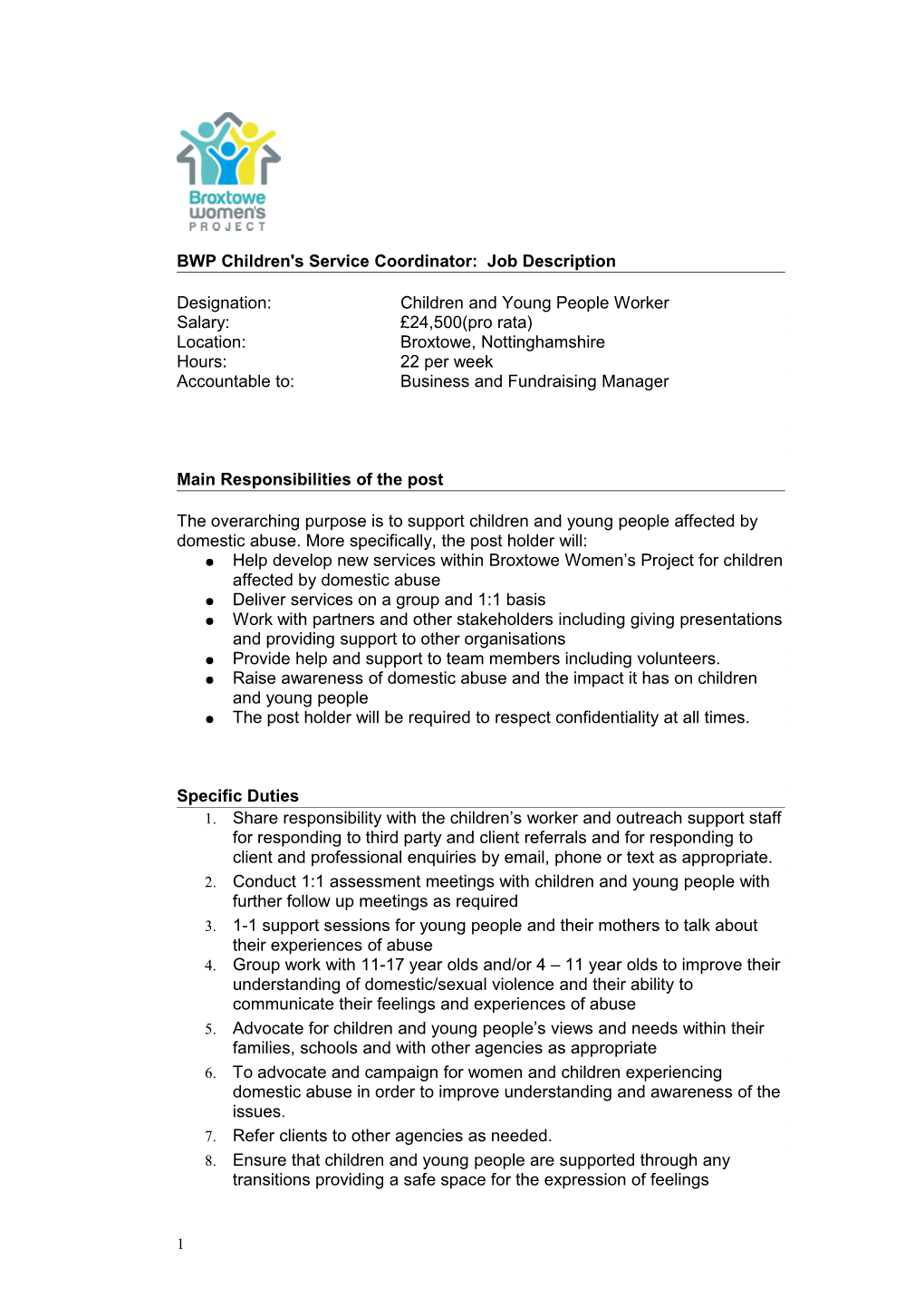 BWP Children's Service Coordinator: Job Description