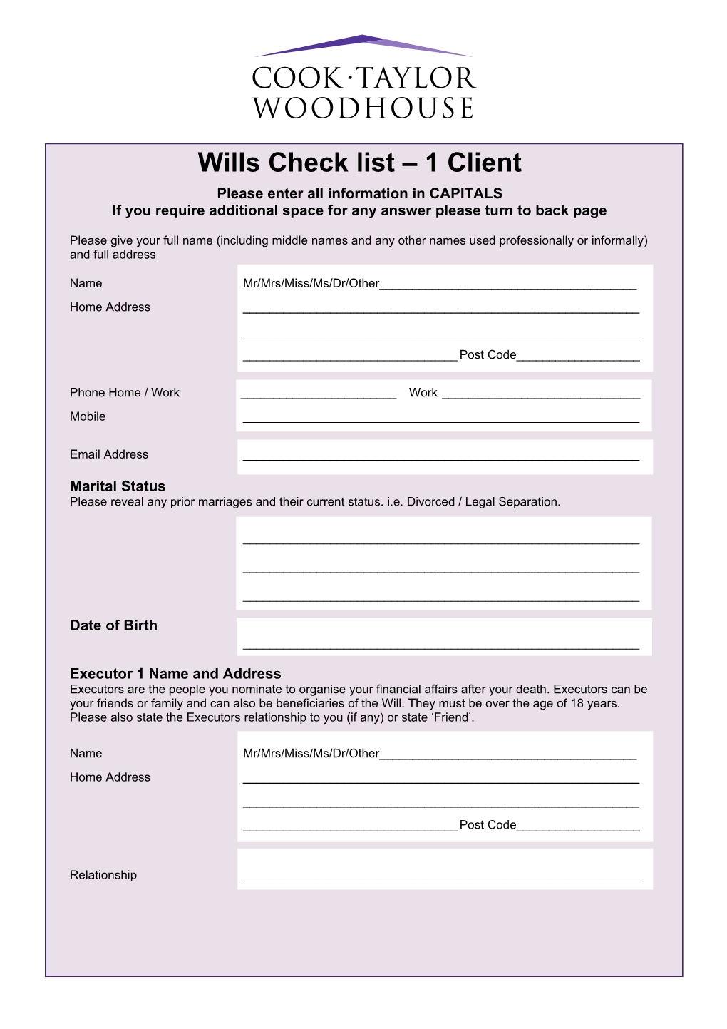 Wills Check List 1 Client