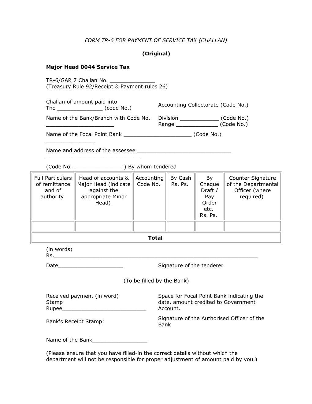 Form Tr-6 for Payment of Service Tax (Challan)