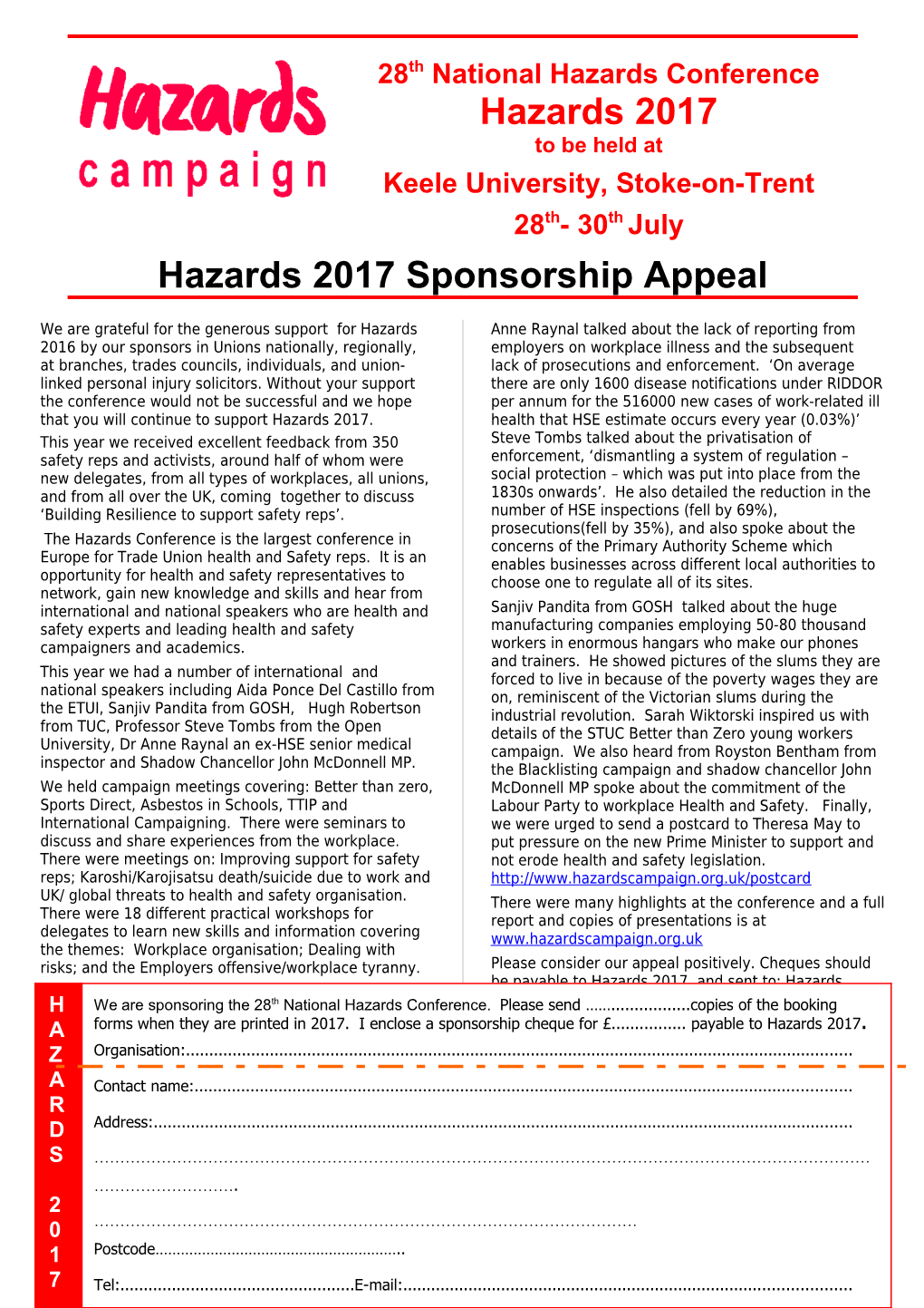 Hazards 2017 Sponsorship Appeal