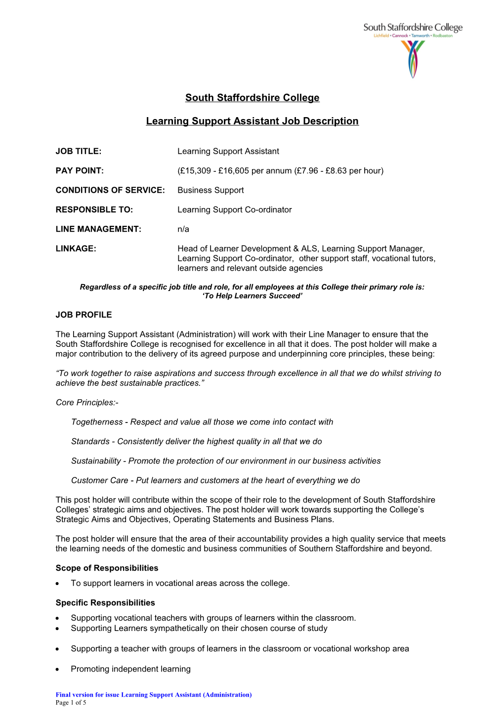 Learning Support Assistant Job Description