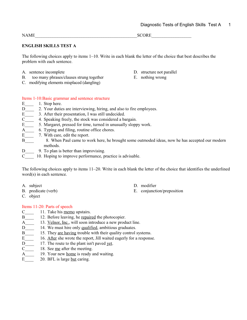 Diagnostic Tests of English Skills Test a 1