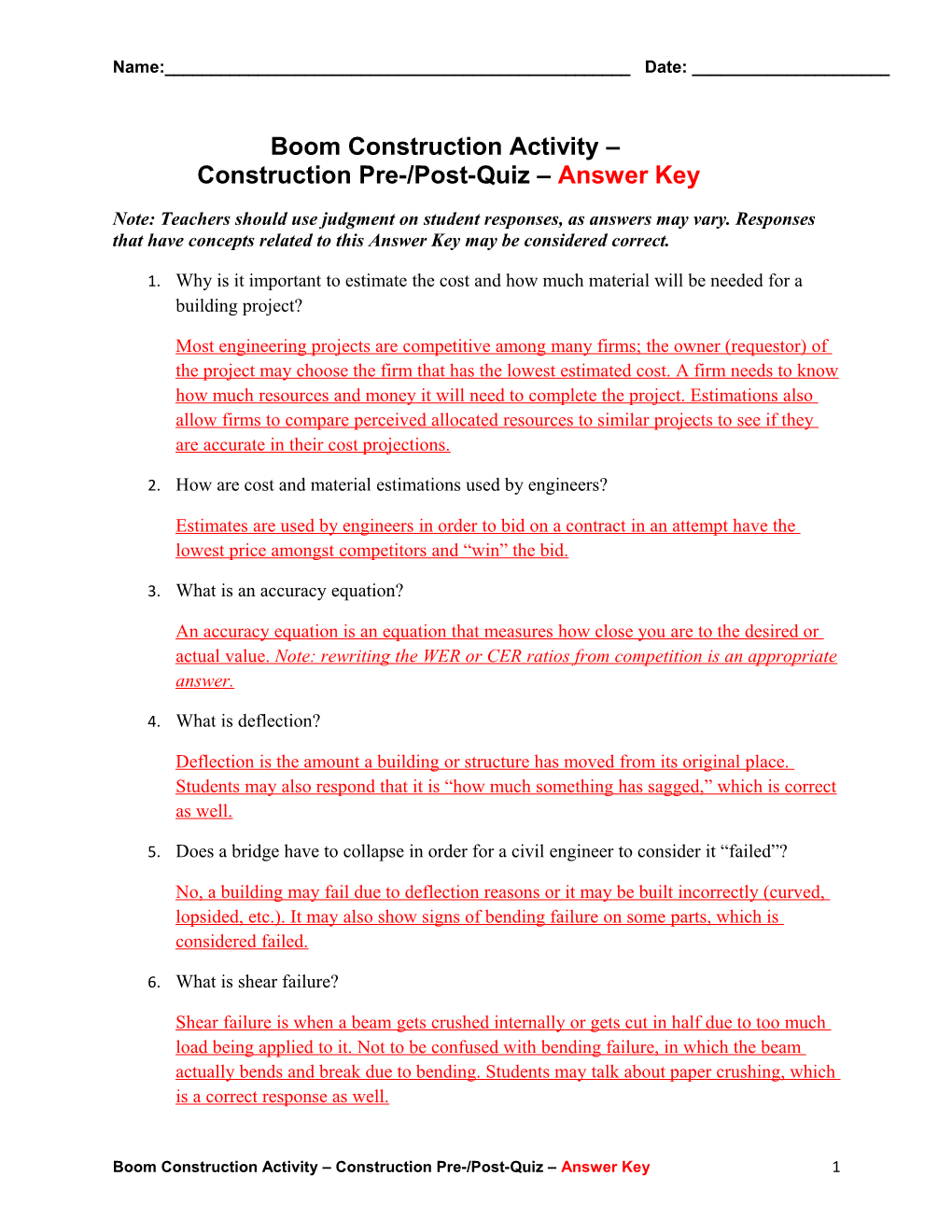 Boom Construction Activity Construction Pre-/Post-Quiz Answer Key