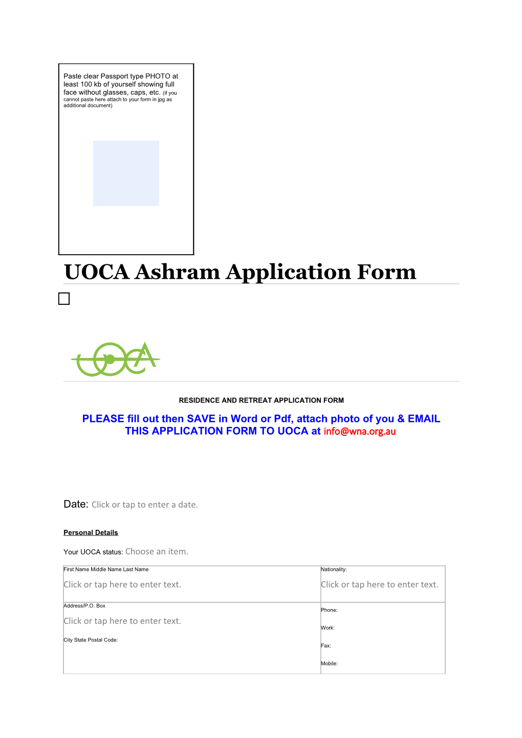 UOCA Ashram Application Form