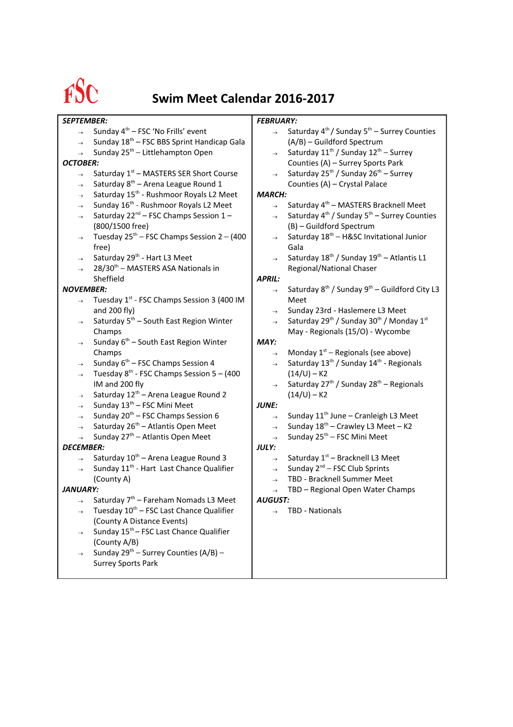 Swim Meet Calendar 2016-2017