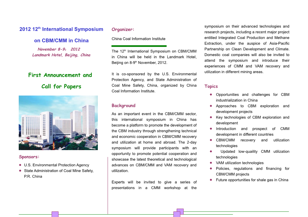 The 6Th International Symposium on Coalbed Methane/Coal Mine Methane in China Will Be