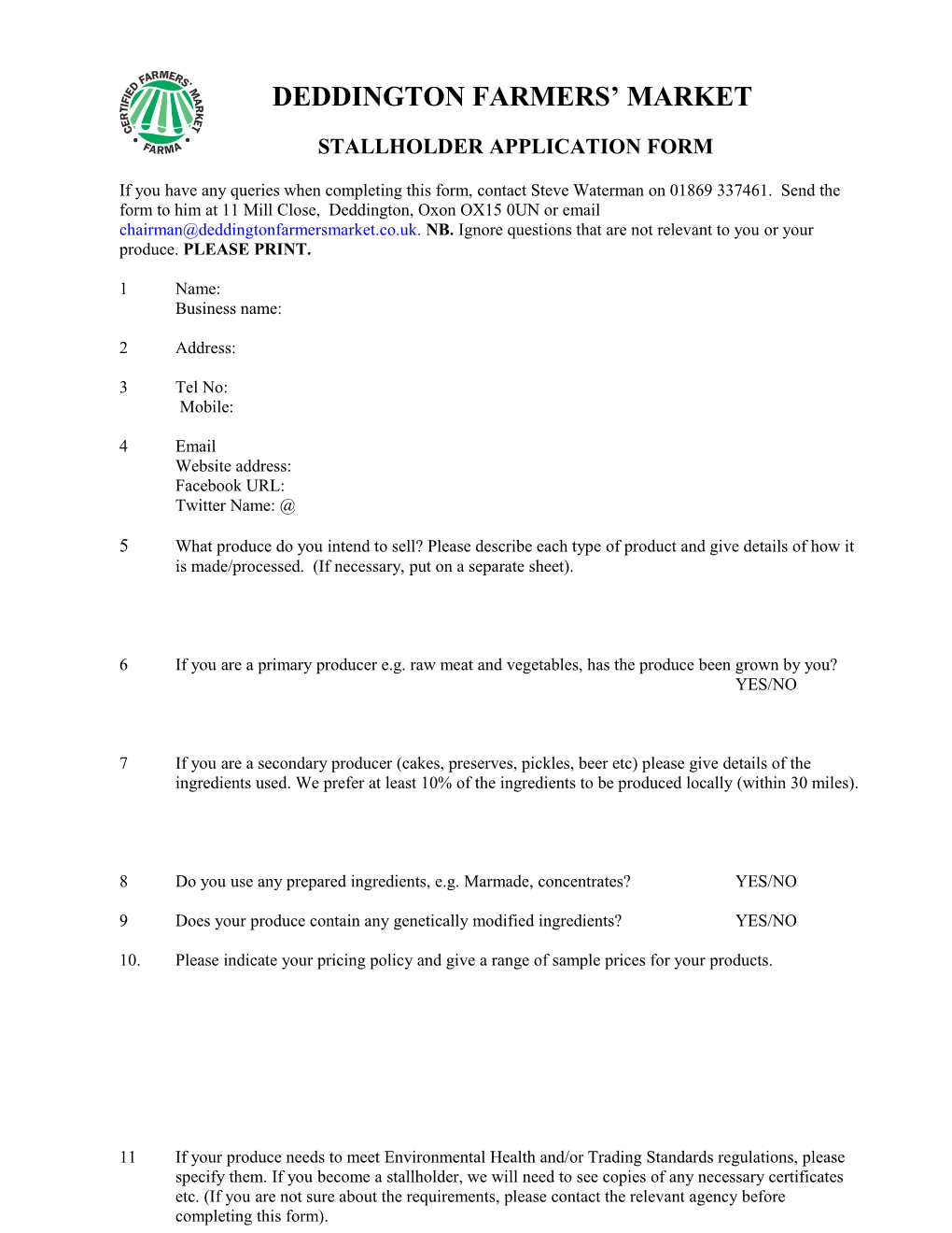 Stallholder Application Form