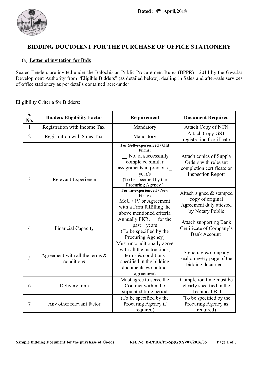 Bidding Document for the Purchase of Office Stationery