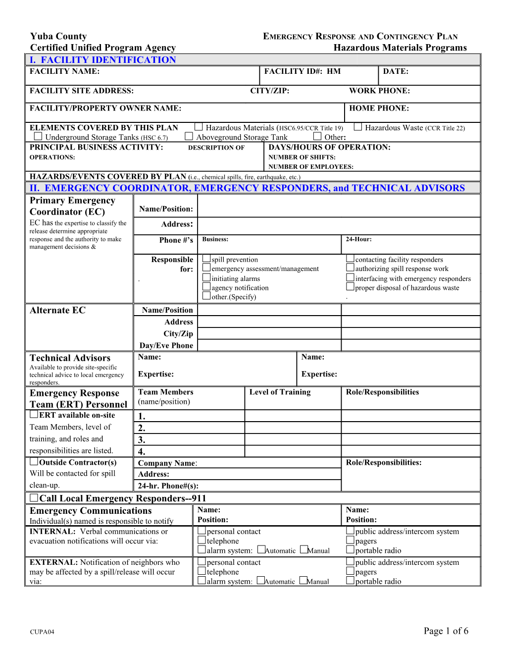 Hazardous Materials Business Response and Contingency Plan