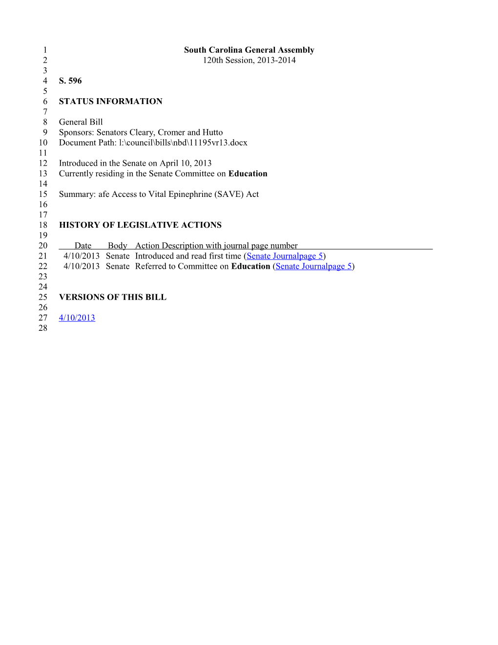 2013-2014 Bill 596: Afe Access to Vital Epinephrine (SAVE) Act - South Carolina Legislature