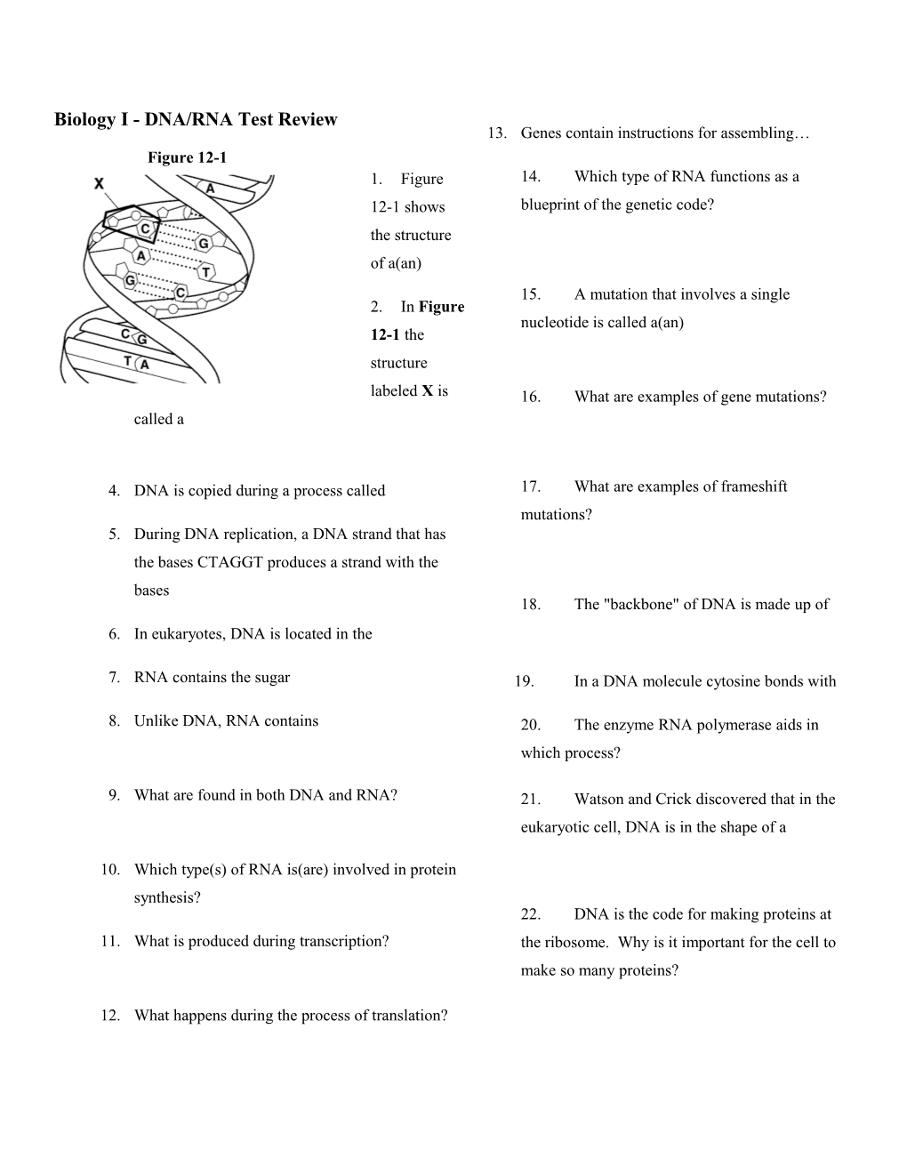 Biology I - DNA/RNA Test Review