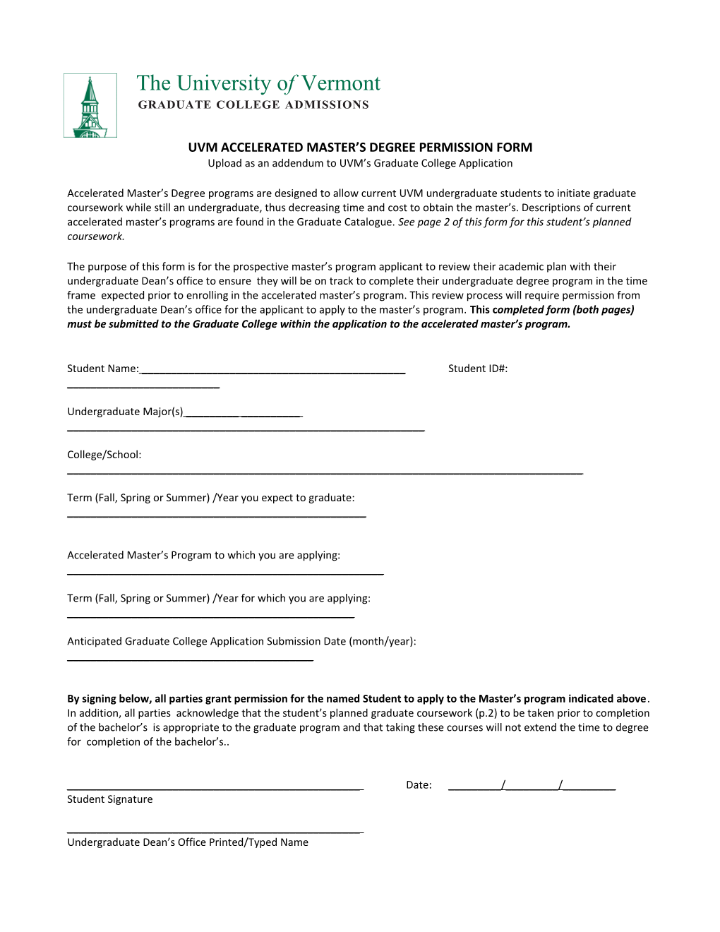 Uvmaccelerated Master S Degree Permission Form