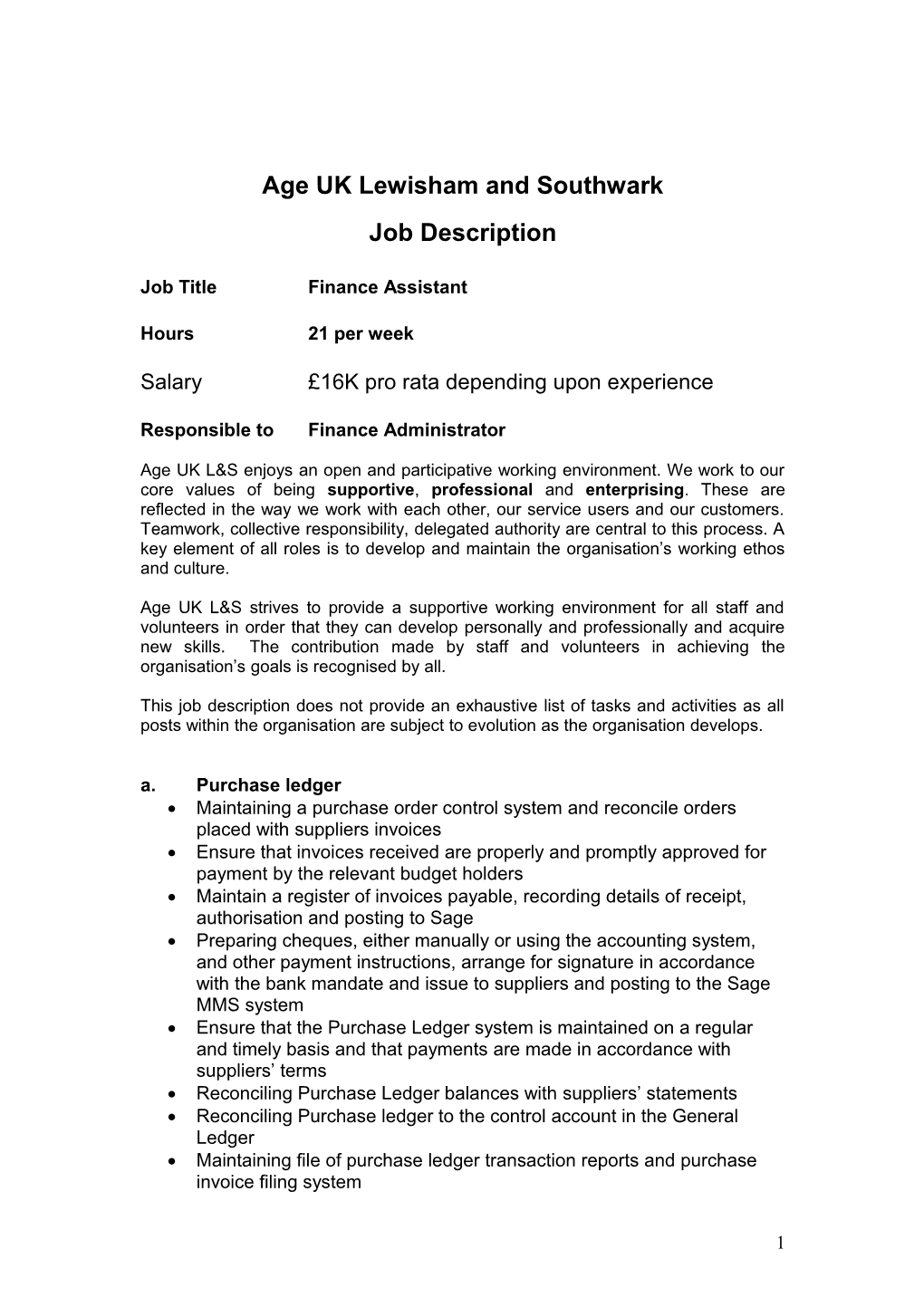Job Specification for Administration Role