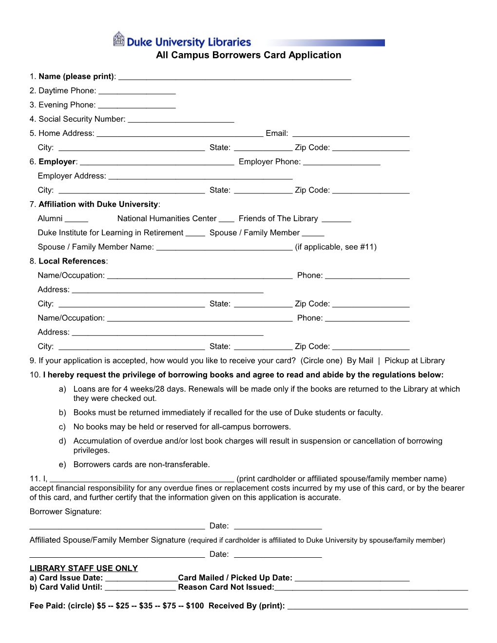 All Campus Borrowers Card Application