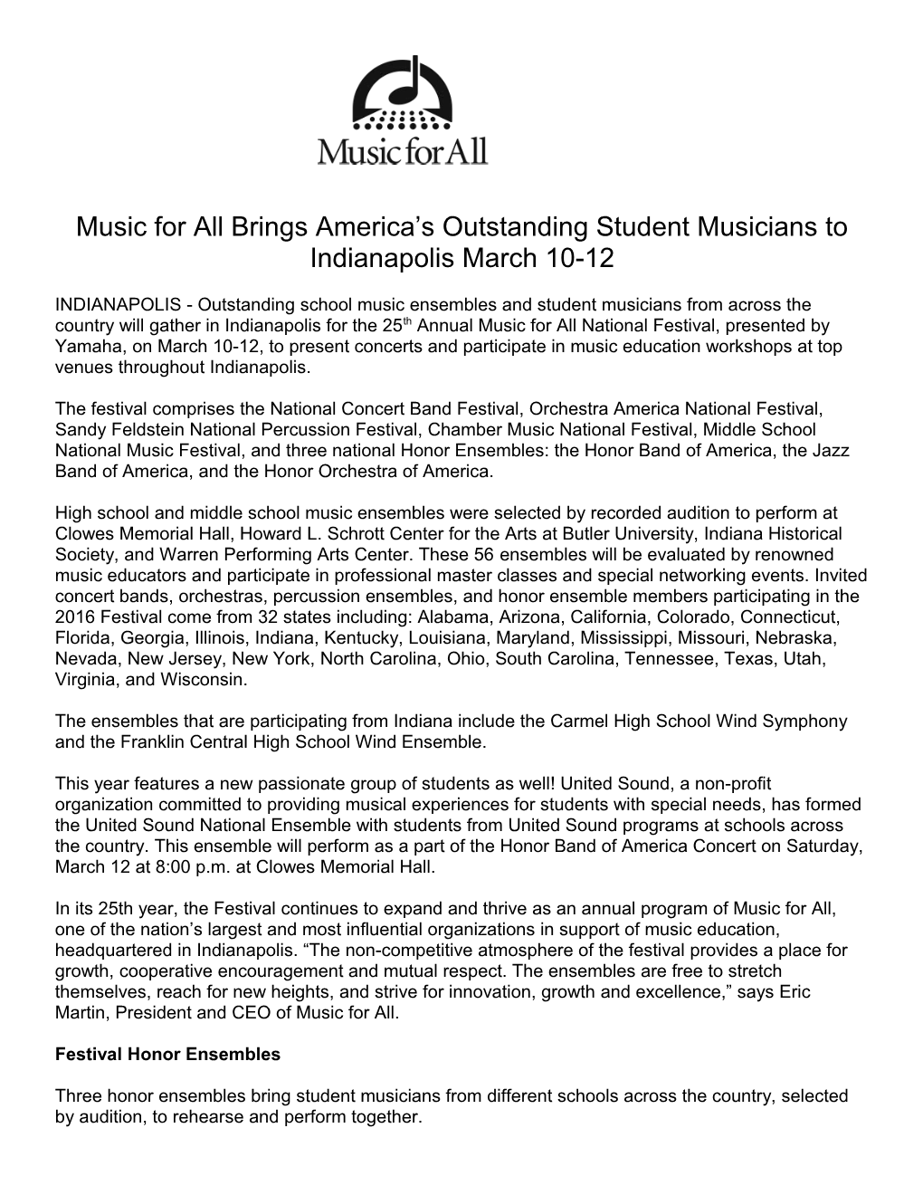 Music for All Brings America S Outstanding Student Musicians to Indianapolis March 10-12