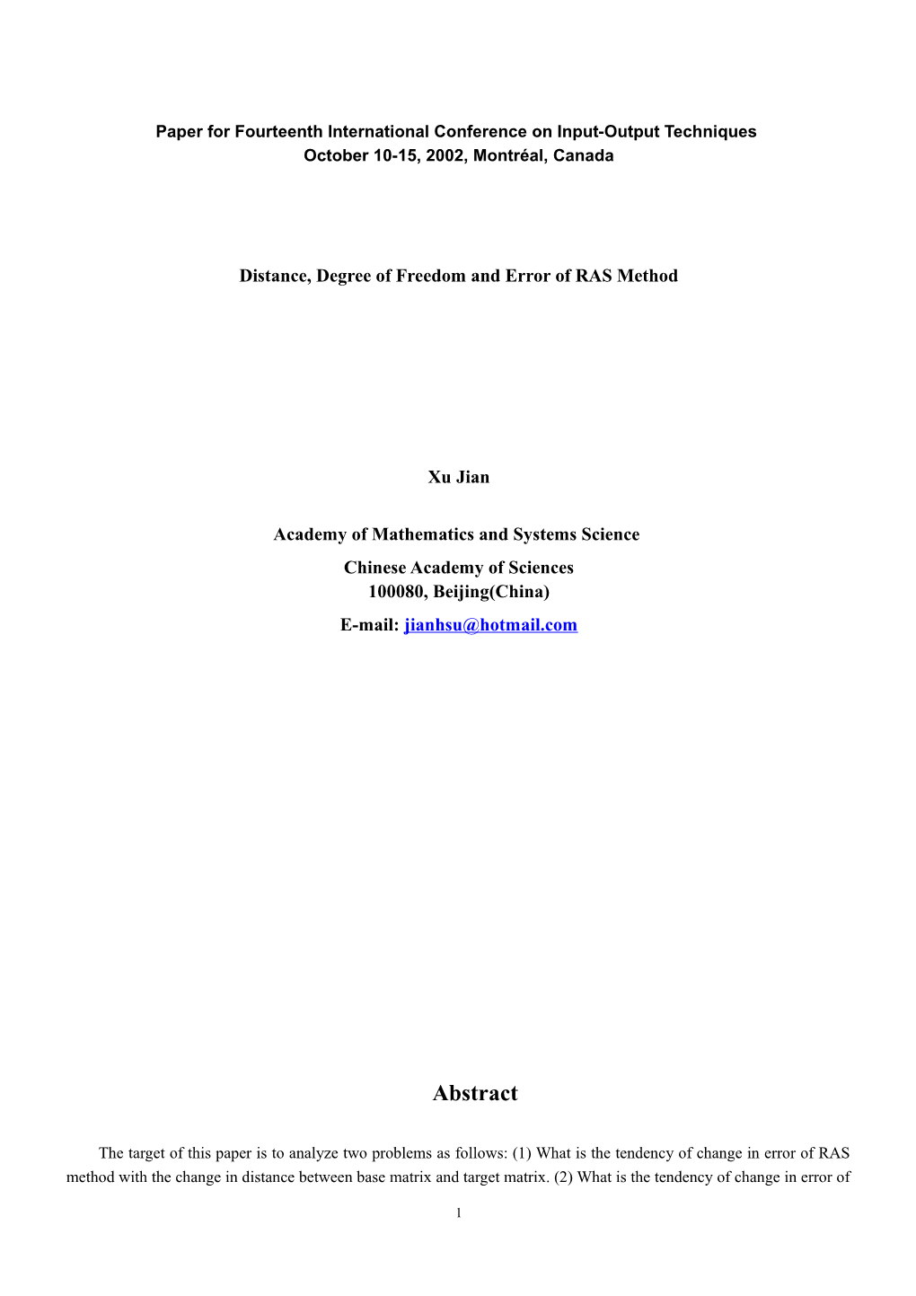 Distance, Degree of Freedom and Error in the RAS Procedure