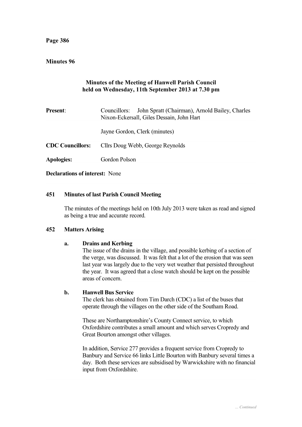 Minutes of the Meeting of Hanwell Parish Council