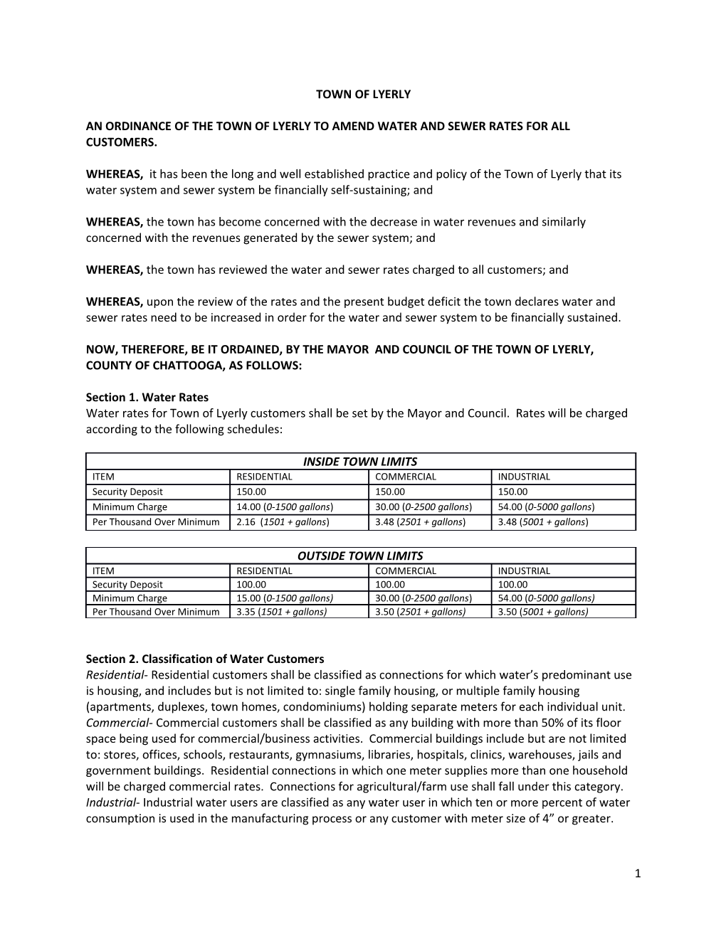 An Ordinance of the Town of Lyerly to Amend Water and Sewer Rates for All Customers