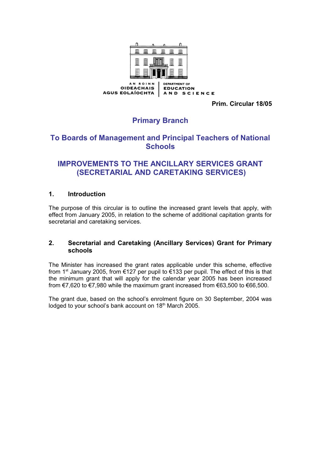 Primary Circular 18/05 - Improvements to the Ancillary Services Grant (Secretarial & Caretaking
