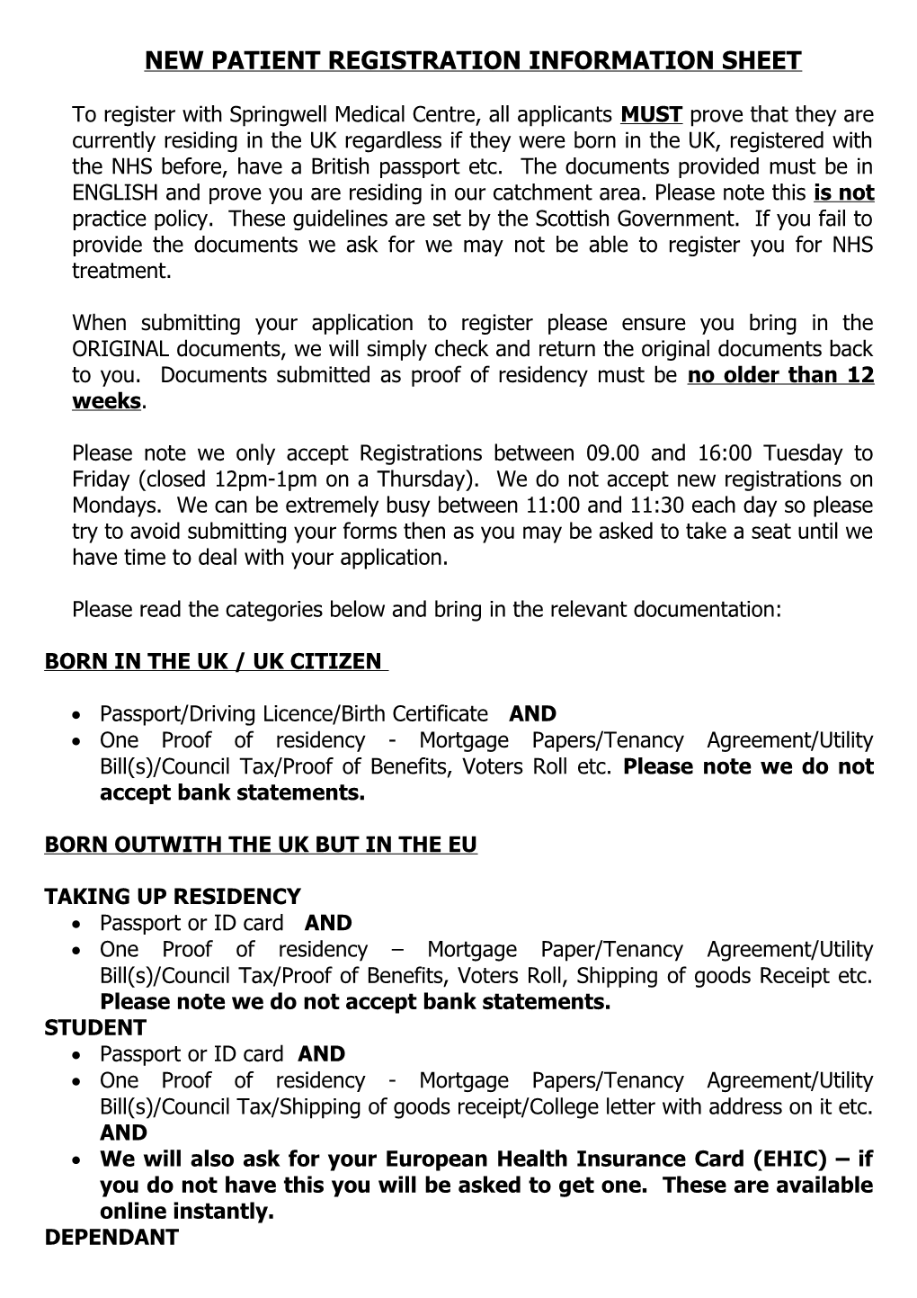 New Patient Registration Information Sheet